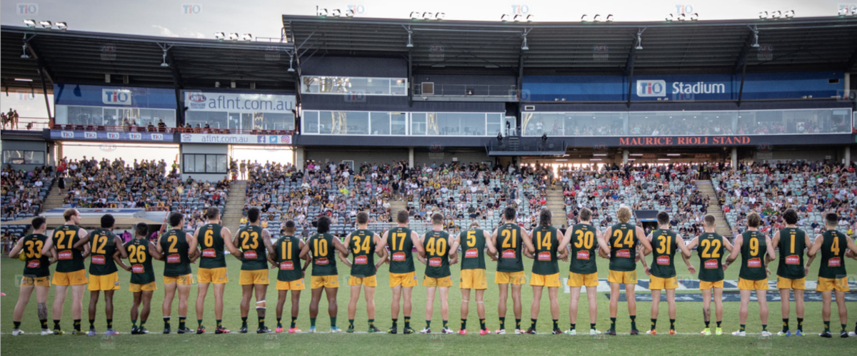 The back of the 21-22 mens premiership team looking into the crowded stadium