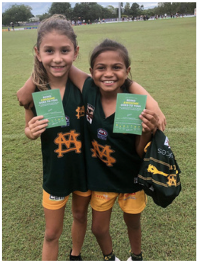 Two small girls with their footy packs